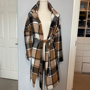 Plaid Hooded Belted Light Coat Size L